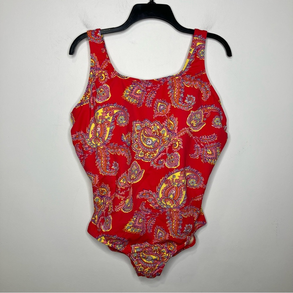 Lands end salmon paisley print one piece swimsuit women’s size 18W beach‎ summer